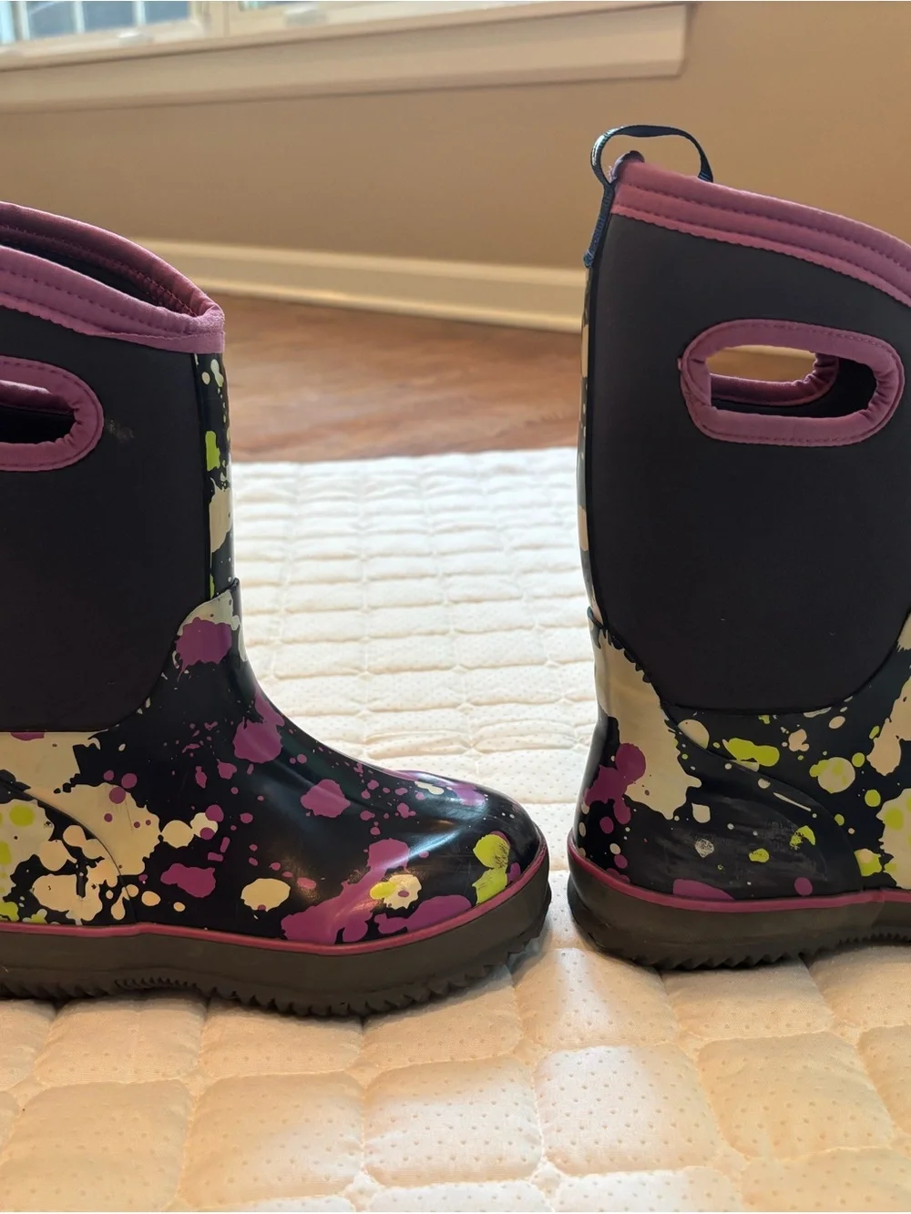 DSG Kids Black Rain Boots with Pink Trim and Multicolor Splash